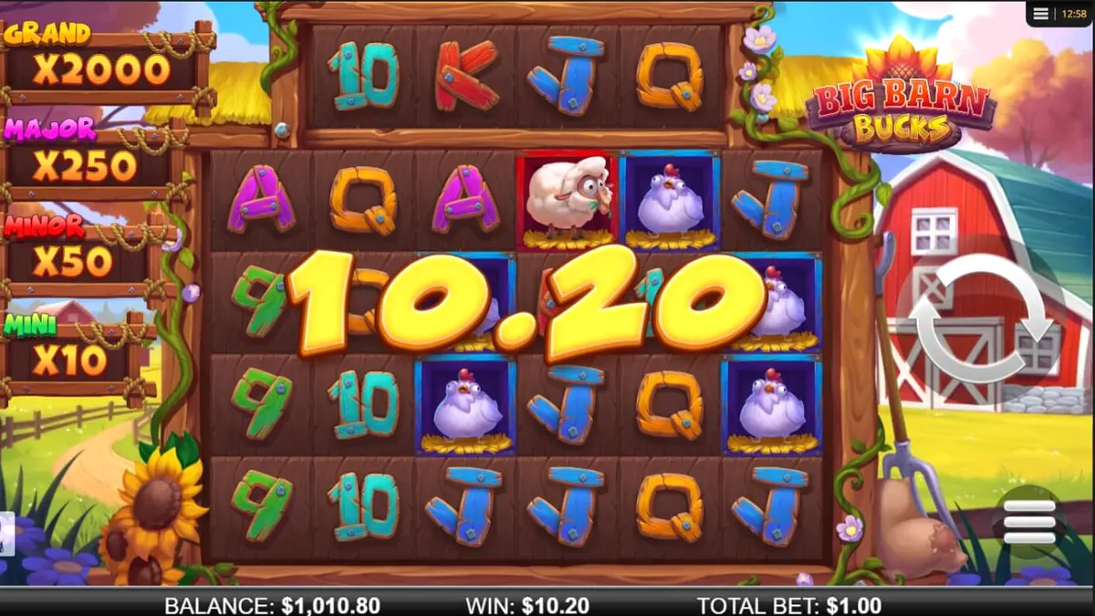 Tampilan visual slot Big Barn Bucks dengan simbol hewan dan latar belakang peternakan