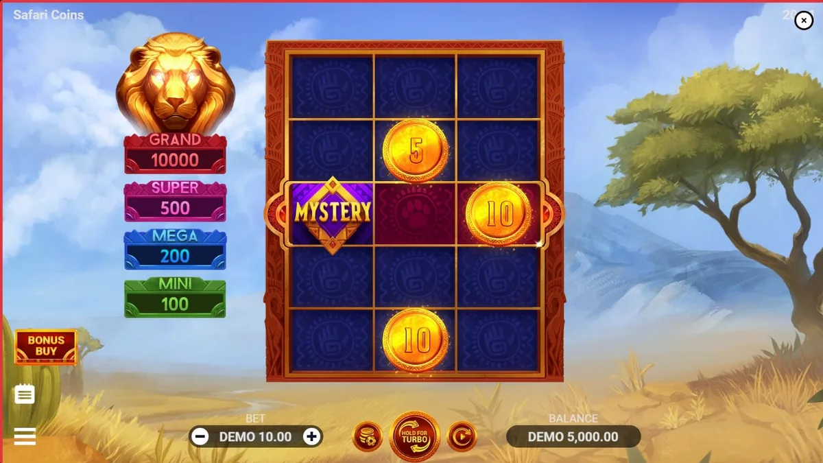 Pemandangan savana Afrika yang megah dengan elemen slot Safari Coins